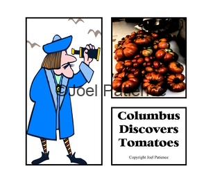 Illustration of Christopher Columbus looking at tomatoes through a telescope