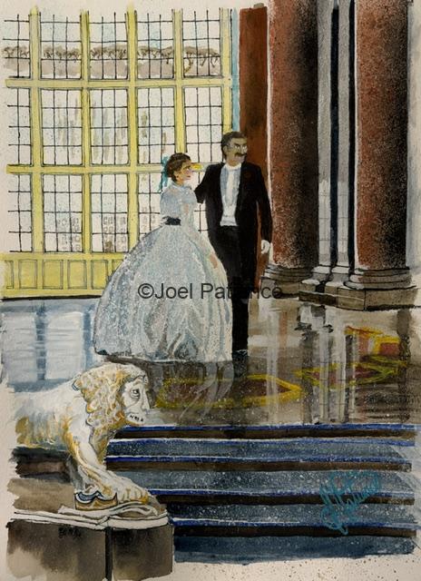 Watercolor painting of man and woman in formal clothes inside the Royal Palace of Caserta, Italy