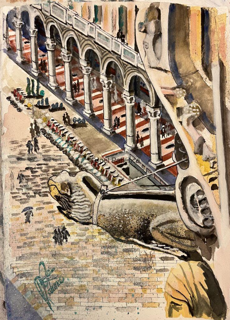 Watercolor painting from the top of the Duomo di Milano