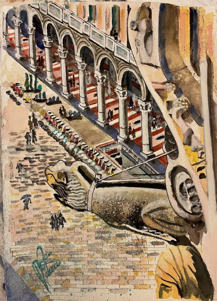 Watercolor painting from the top of the Duomo of Milan