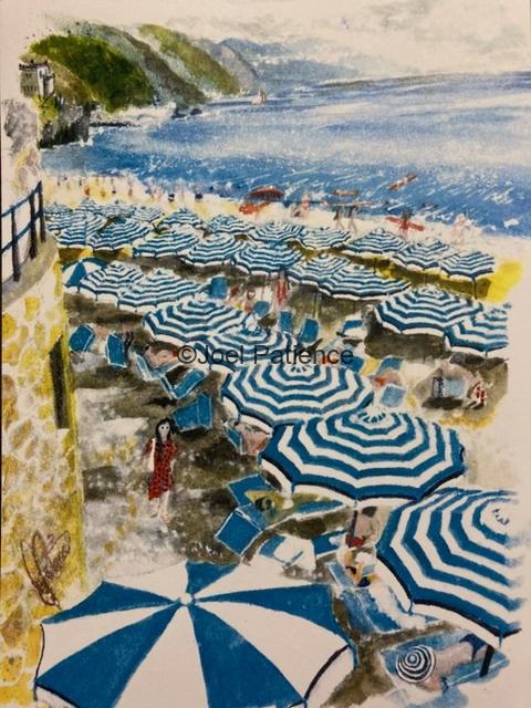 Watercolor painting of a Monterosso al Mare beach scene with many blue and white umbrellas