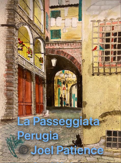 Watercolor painting of cobbled street and buildings in Perugia, Italy