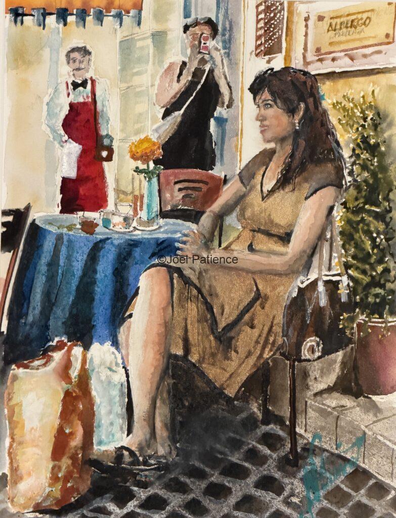 Watercolor painting of a woman sitting at an outside cafe table in Rome, Italy