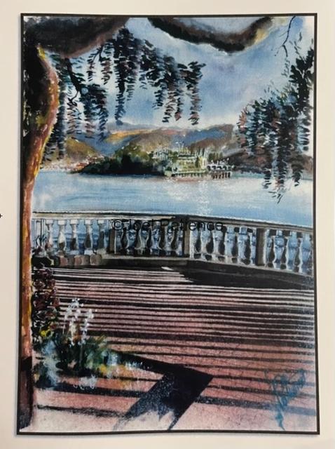 Watercolor painting of Stresa on the western shore of Lake Maggiore in Piedmont, Italy