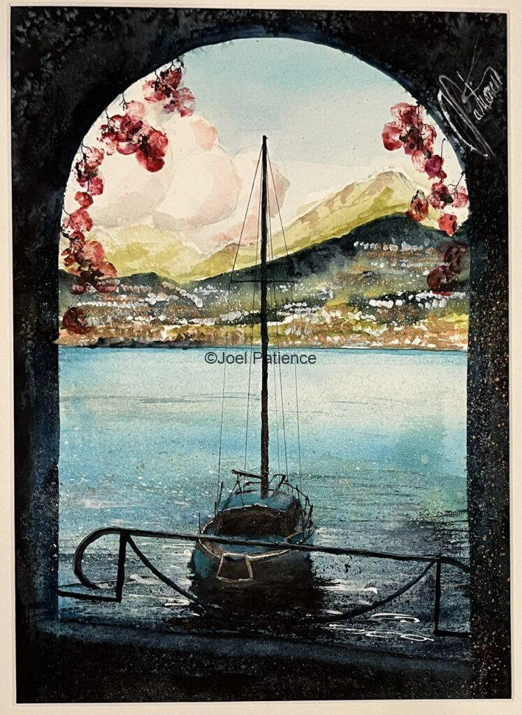 Watercolor painting of a boat in Varenna, on the eastern shore of Lake Como, Italy