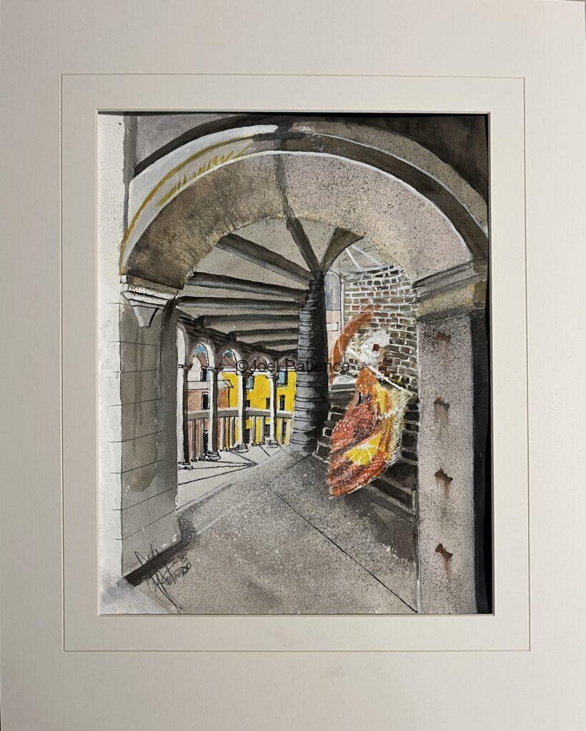 Watercolor painting of Venice via Assassini inside the Scala Contarini del Bovolo