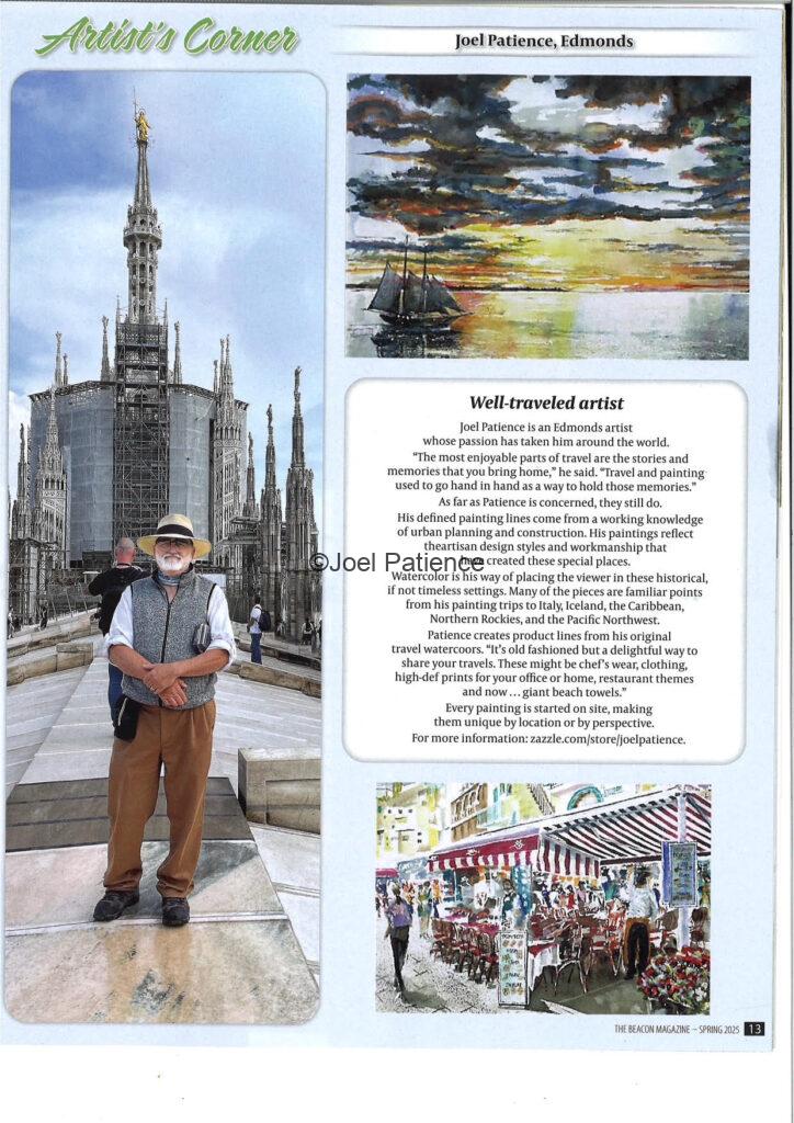 Article excerpt and photograph of the watercolor artist Joel Patience from the Beacon newspaper of Edmonds, WA USA